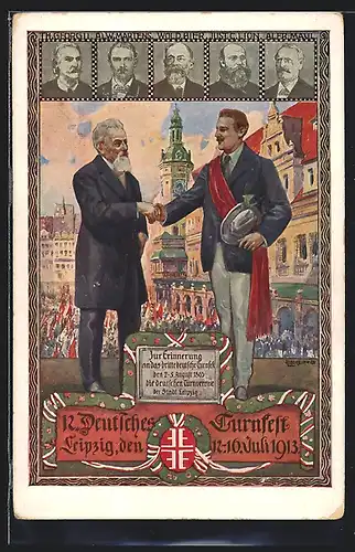 Künstler-AK Leipzig, 12. Deutsches Turnfest, 1913, Herz und Hand dem Vaterland, zwei Männer reichen sich die Hand