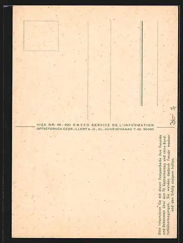 Künstler-AK Mainz, 72. Deutscher Katholikentag 1948, Nicht klagen, handeln!