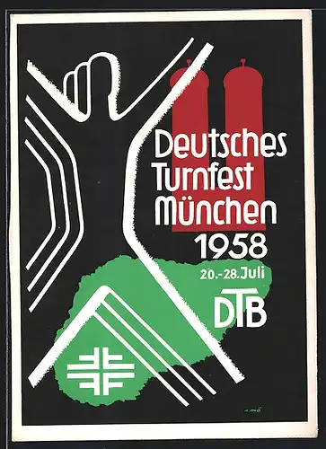 AK München, Deutsches Turnfest 1958, gezeichnete Turner im Sprung