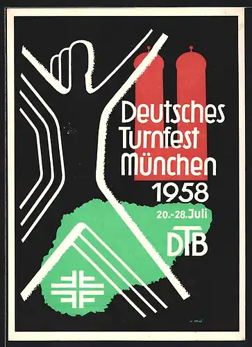 AK München, Deutsches Turnfest 1958, gezeichnete Turner im Sprung