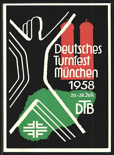 AK München, Deutsches Turnfest 1958, gezeichnete Turner im Sprung