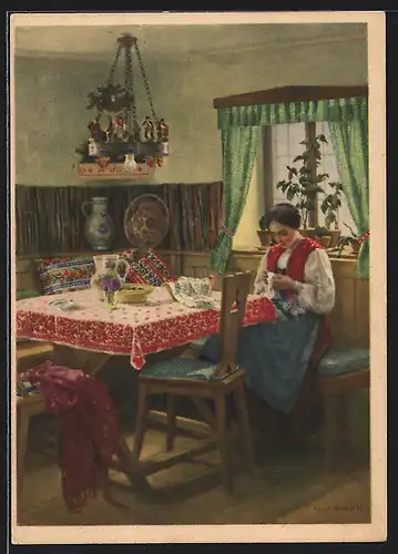 Künstler-AK Karl Maria Schuster: Reklame für Indanthren Stoffe, Frau sitzt in der Stube und strickt