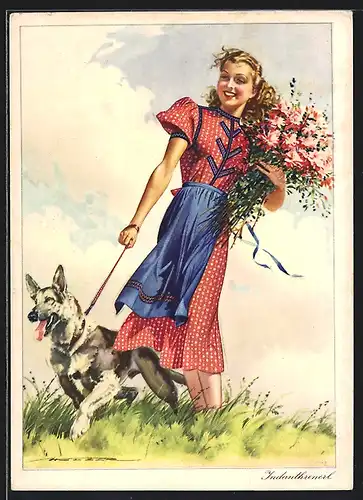 Künstler-AK Mädchen im Kleid aus Indanthrenstoff und einem Schäferhund auf der Bluemenwiese, Reklame