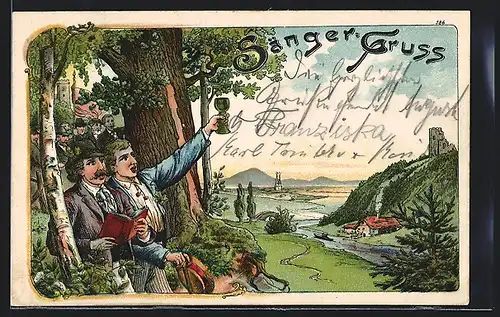 Lithographie Sänger blicken in ein malerisches Tal