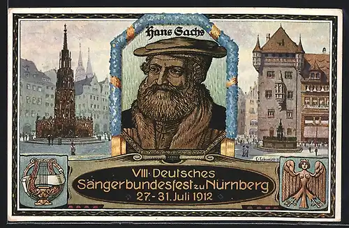 Künstler-AK Nürnberg, VIII. Deutsches Sängerbundesfest 1912, Porträt Hans Sachs