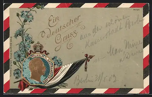 Künstler-AK Bruno Bürger & Ottillie Nr. 7017: Portrait Kaiser Wilhelm II., Reichsfahne