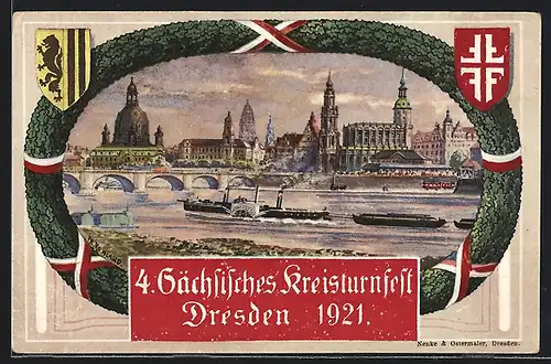 Künstler-AK Dresden, 4. Sächsisches Kreisturnfest 1921, Friedrich-Augustbrücke