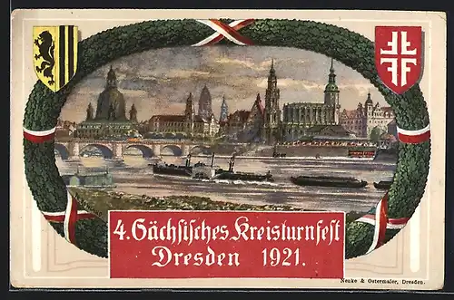 Künstler-AK Dresden, 4. Sächsisches Kreisturnfest 1921, Friedrich-Augustbrücke