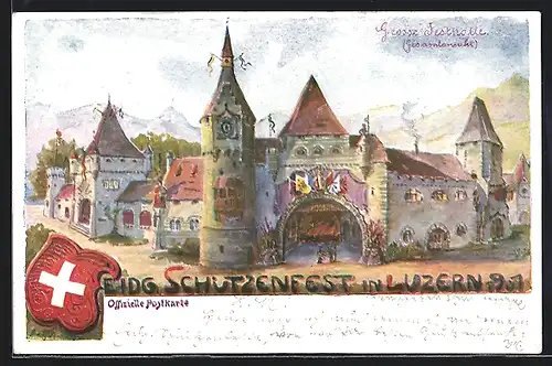 Lithographie Luzern, Eidgenössisches Schützenfest 1901, Gesamtansicht der Grossen Festhalle