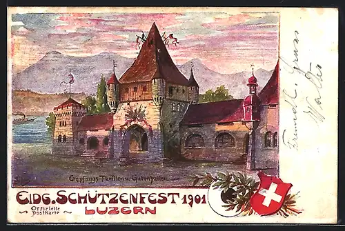 Künstler-AK Luzern, Eidgenössisches Schützenfest 1901, Empfengs-Pavillon und Gabenhallen