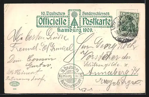 AK Hamburg, 16. Deutsches Bundesschiessen 1909, Festhalle mit Passanten