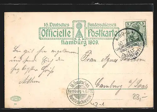 Künstler-AK Hamburg, Hauptportal vom Schützenverein, 16. Deutsches Bundesschiessen 1909