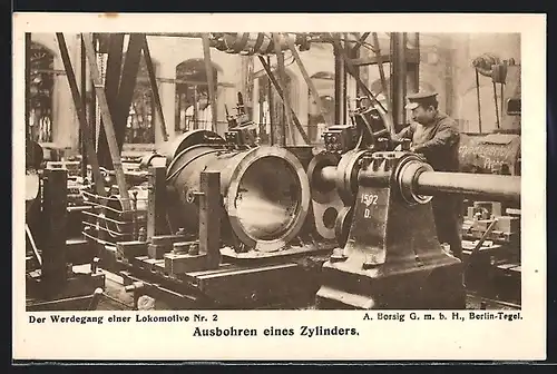 AK Berlin-Tegel, A. Borsig G. m. b. H., Werdegang einer Lokomotive, Ausbohren eines Zylinders