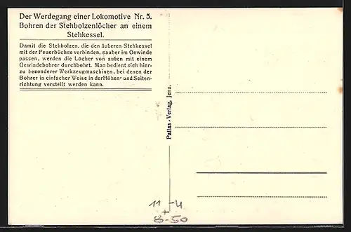 AK Berlin-Tegel, A. Borsig G. m. b. H., Werdegang einer Lokomotive, Bohren der Stehbolzenlöcher an einem Stehkessel