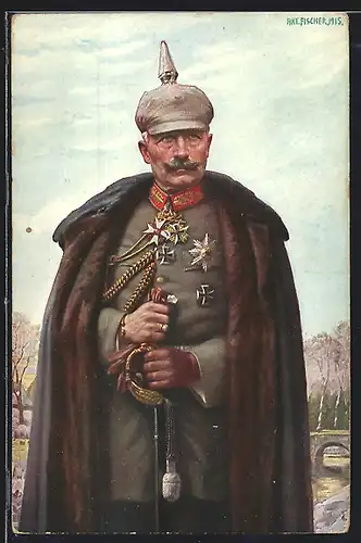 AK Portrait Kaiser Wilhelm II. im Mantel mit Pickelhaube