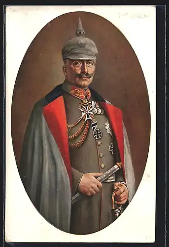 Künstler-AK Portrait von Kaiser Wilhelm II. in Uniform mit Mantel