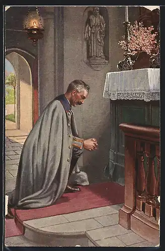 Künstler-AK Kaiser Wilhelm II. betet in Kirche