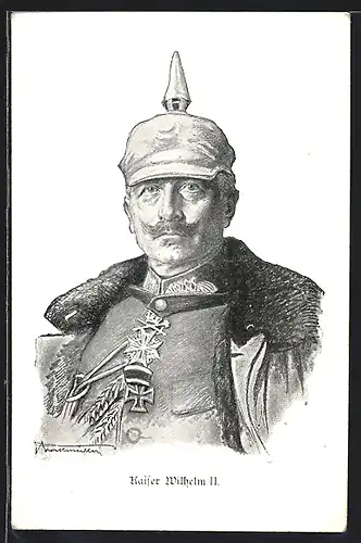 Künstler-AK Kaiser Wilhelm II. in Uniform mit Pickelhaube