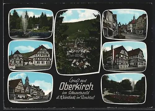 AK Oberkirch /Schwarzwald, Strassenpartien mit Fachwerkhäusern, Kirche, Parkpartie am Brunnen