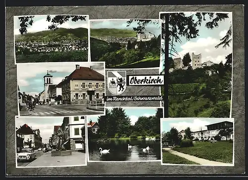 AK Oberkirch im Renchtal /Schwarzwald, Burgruine, Schwanenteich, Strassenpartie an der Kirche