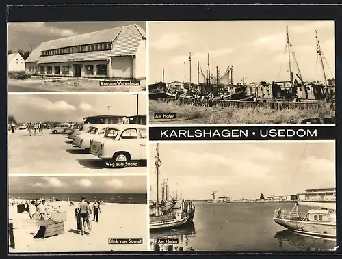 AK Karlshagen, Konsum-Warenhaus, Hafen, Strandpartie