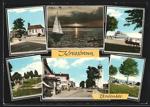 AK Kressbronn /Bodensee, Abendstimmung am Bodensee, Ortsansicht mit Kirche, Kreuzfahrtschiff