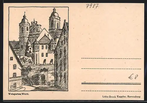Künstler-AK Weingarten /Württ., Ortsansicht mit Kirche