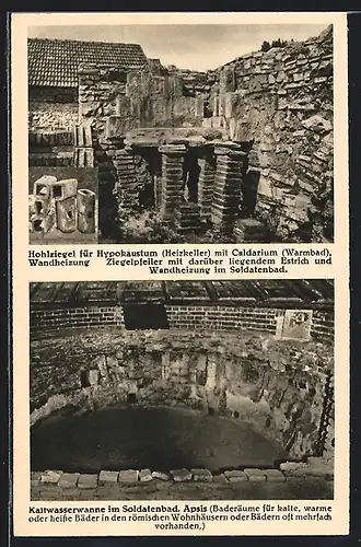 AK Eining a. d. Donau, Römer-Kastell Abusina, Hohlziegel für Hypokaustum, Kaltwasserwanne im Soldatenbad