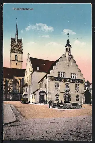 AK Friedrichshafen, Kirche mit Brunnen