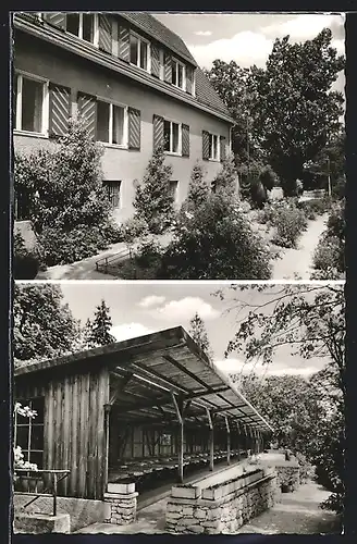 AK Herrlingen, Kinderheim der Arbeiterwohlfahrt Nord-Württemberg, Liegehalle und Blick in den Garten