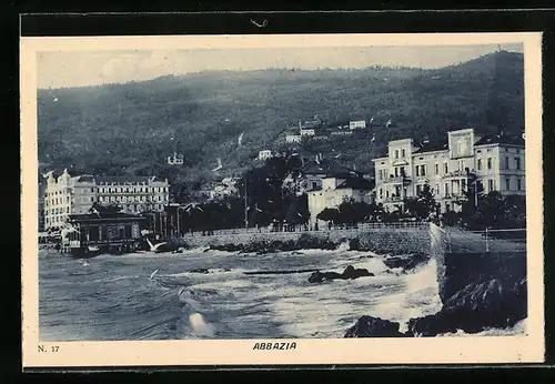 AK Abbazia, Ortsansicht mit Gasthaus am Wasser
