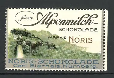 Reklamemarke Alpenmilch-Schokolade Noris, Carl Bierhals Nürnberg, Bäuerin mit Milchkühen auf der Alm