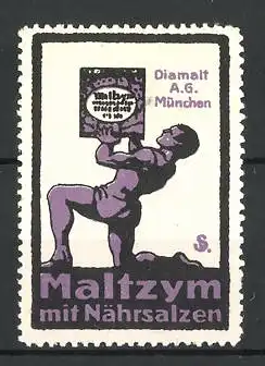 Künstler-Reklamemarke Maltzym mit Nährsalzen, Diamalt AG Nürnberg, Sportler hebt einen Karton