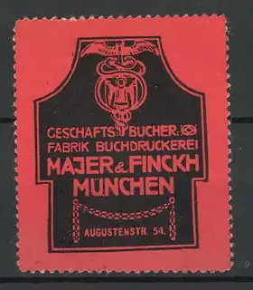 Reklamemarke Buchdruckerei für Geschäftsbücher, Majer & Finckh, Augustenstrasse 54 in München, Firmenlogo