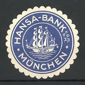 Präge-Reklamemarke Hansa-Bank München, Segelschiff