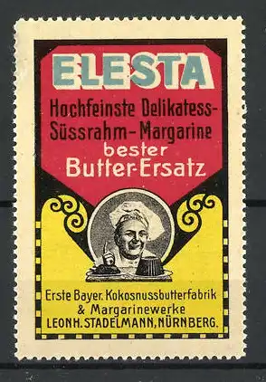 Reklamemarke Elesta Süssrahm-Margarine, Margarinewerke Leonh. Stadelmann, Nürnberg, Bäcker mit Kuchen