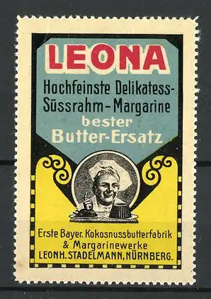 Reklamemarke Leona Süssrahm-Margarine, Margarinewerke Leonh. Stadelmann, Nürnberg, Bäcker mit Kuchen
