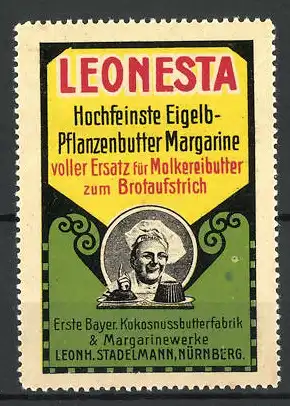 Reklamemarke Leonesta Pflanzenbutter, Margarinewerke Leonh. Stadelmann, Nürnberg, Bäcker mit Kuchen