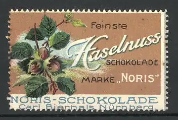 Reklamemarke Noris feinste Haselnuss-Schokolade, Carl Bierhals, Nürnberg, Haselnusszweig