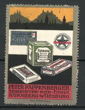 Reklamemarke Peter Pappenberger, Generalvertreter erster Firmen in Nürnberg, Stadtsilhouette, Palmona-Schachtel