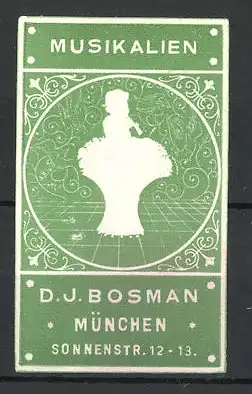 Präge-Reklamemarke Musikalien D. J. Bosman, Sonnenstr. 12-13 München, nacktes Kind mit Flöte