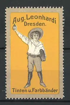 Reklamemarke Tinten und Farbbänder, Aug. Leonhardi, Dresden, Knabe mit Tintenfass und Schultasche