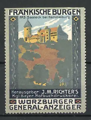 Reklamemarke Saaleck, Burgansicht, Würzburger Gener-Anzeiger, Hofbuchdruckerei J. M. Richter