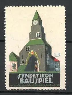 Künstler-Reklamemarke August Hajduk, Syndetikon-Leim Bauspiel, Kirche mit Tor