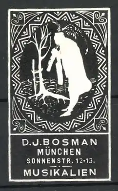 Präge-Reklamemarke Musikalien D. J. Bosman, Sonnenstr. 12-13, München, Mann spielt Flöte