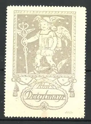 Künstler-Reklamemarke Alois Deiglmayr, Münchner Kindl als Hermes mit Flügelhelm und Hermesstab