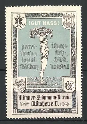 Reklamemarke Männer-Schwimm-Verein München e.V., Schwimmer mIt Kind und Siegerkranz