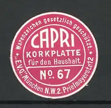 Reklamemarke Capri-Korkplatte, E.V.G. München, Prielmayerstrasse 12