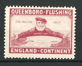 Reklamemarke Queenboro-Flushing, Two Sailings Daily, S.M. Zeeland, Seemann zeigt auf zwei Kontinente
