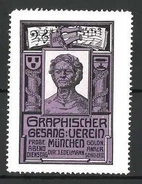 Reklamemarke Graphischer Gesang-Verein München, Dir. J. Edelmann, Büste und Lyra